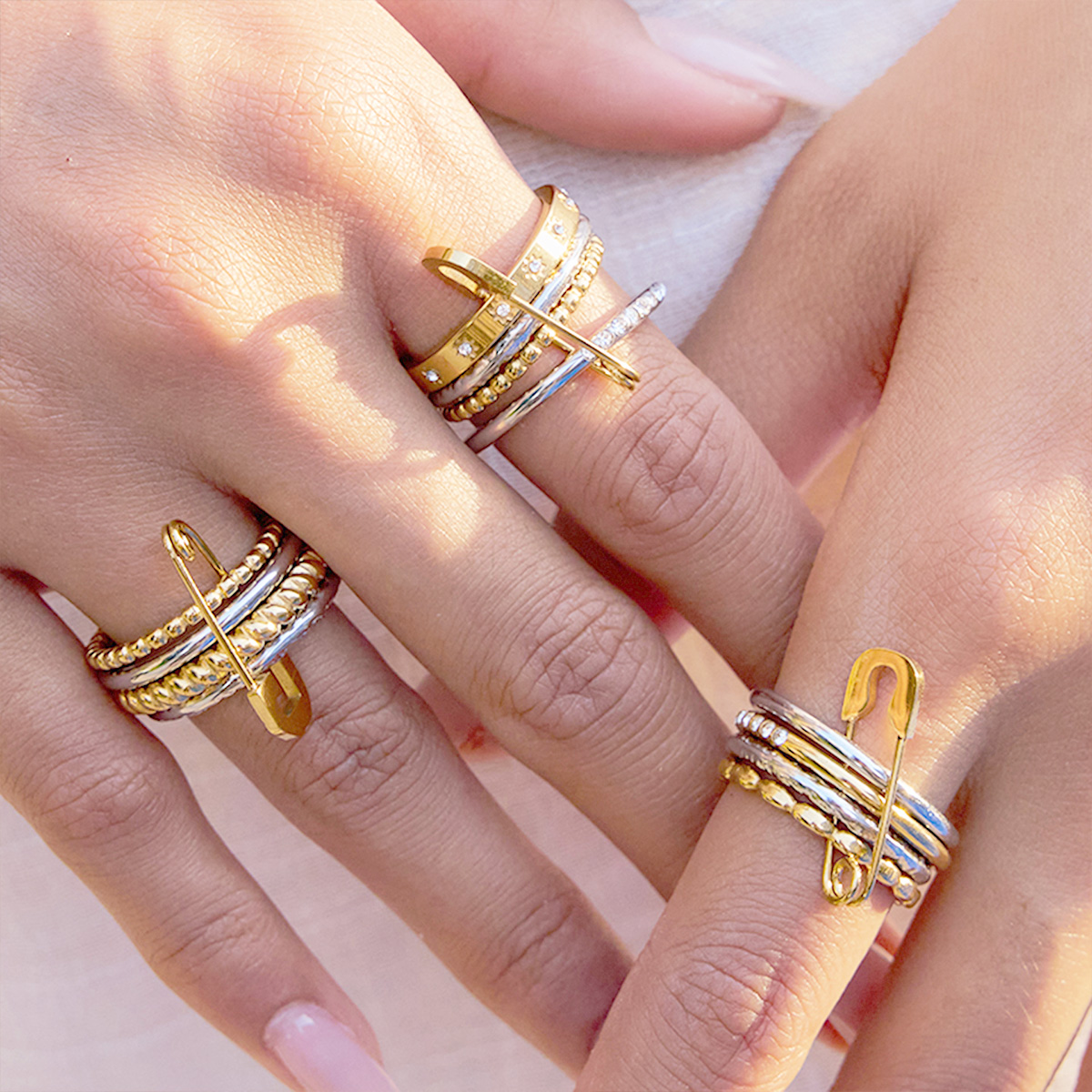 Two Tone Stackable Rings Wholesale Set of 5 Adjustable Stainless Steel Jewelry with Safety Pin Charm